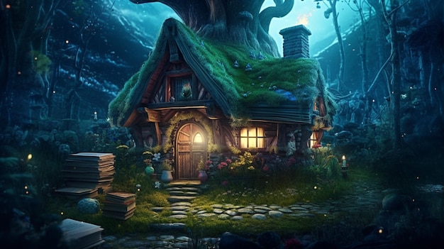 Fantasy oude huis tuin nacht oude illustratie foto AI gegenereerde kunst