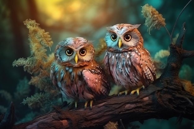 Fantasy owls in fairy forrest on a branch Geenrative Ai