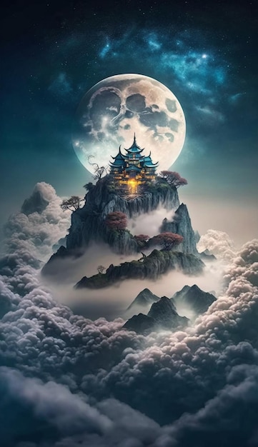 A fantasy painting of a castle on a mountain with the moon in the background.