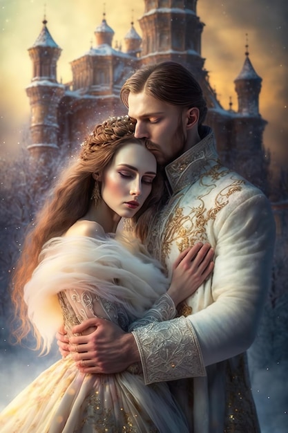 A fantasy painting of a couple embracing in front of a castle.