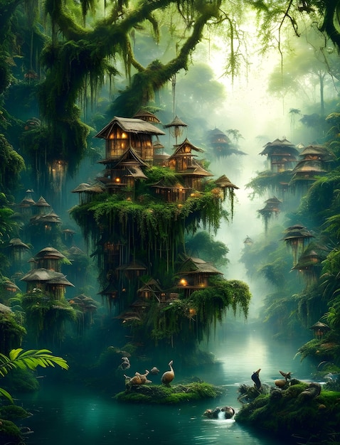 A fantasy painting of a fantasy village with a waterfall and a bird on the roof.