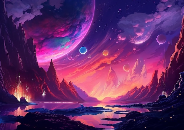 Photo a fantasy painting featuring an alien planet with mountains and colorful outer space
