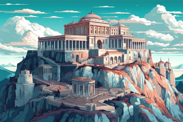 Фантастический дворец на горе Олимп Генеративный ИИ