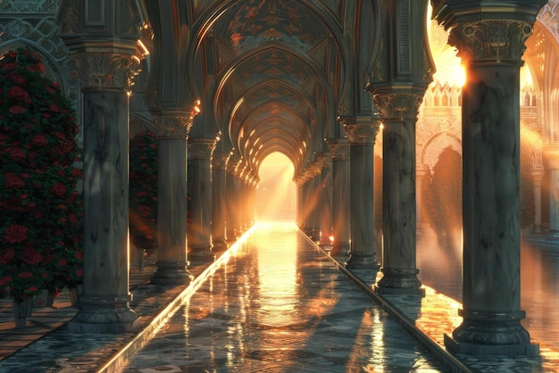 Photo fantasy palace with water and sunlight