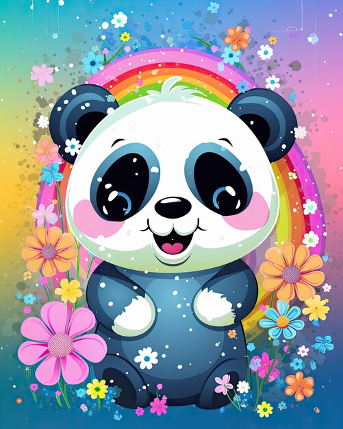 A fantasy panda with flowers and a beautiful magical
