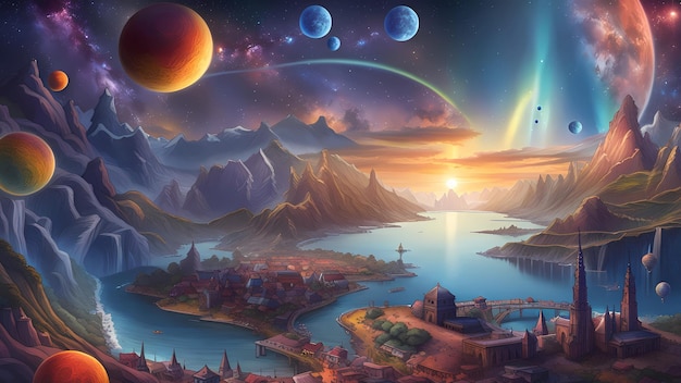 Fantasy panoramic landscape at sunset with galaxy and planets in the background