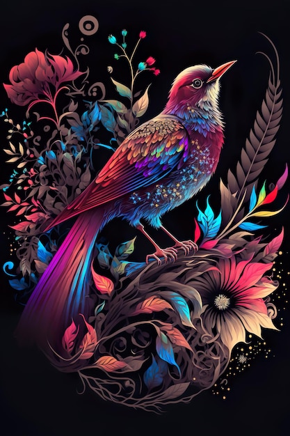 Fantasy Pink Bird op bloemen Luxe behang drukt poster AI illustratie af