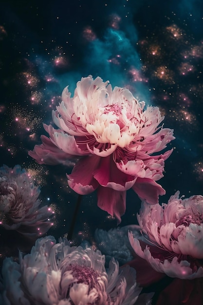 Fantasy pink flowers on blue sky background