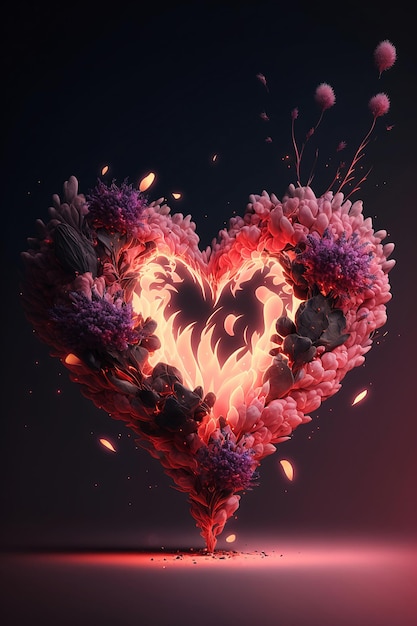 Fantasy pink flowers heart on dark background