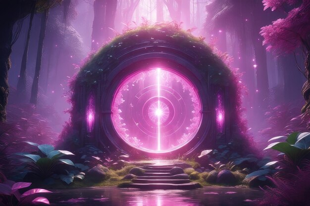 A fantasy pink glowing portal in the forest