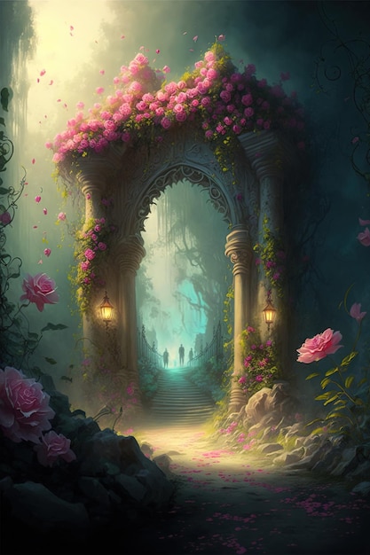 Fantasy pink Roses Flowers bloom and Road leads to a mystical Garden Digital illustration AI