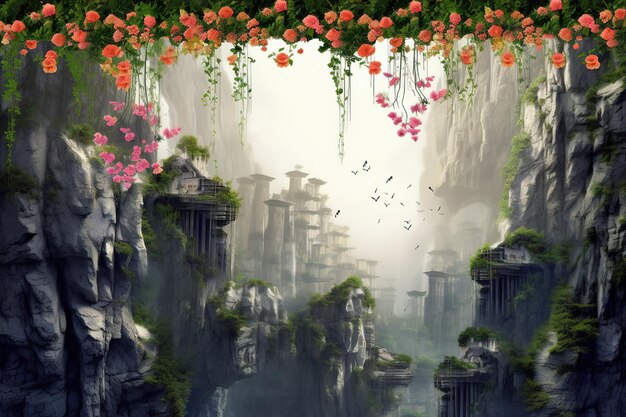 Photo fantasy pink roses flowers bloom and road leads to a mystical garden digital illustration