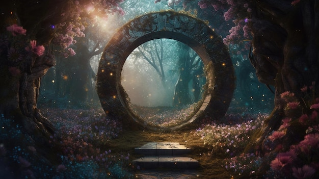 A fantasy portal in a forest with a pink flower in the middle.