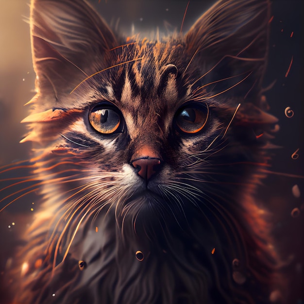 Fantasy portrait of a beautiful cat with orange eyes and long whiskers