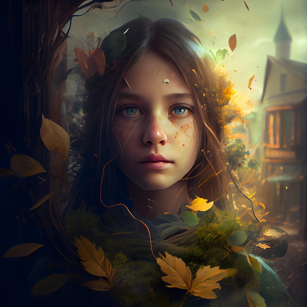 Fantasy portrait of a beautiful girl with autumn leaves in her hair