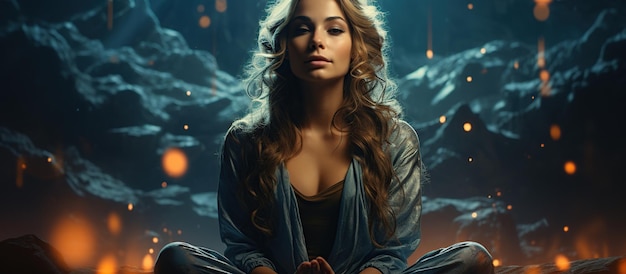 Fantasy portrait of a beautiful woman sitting in front of the fireplace