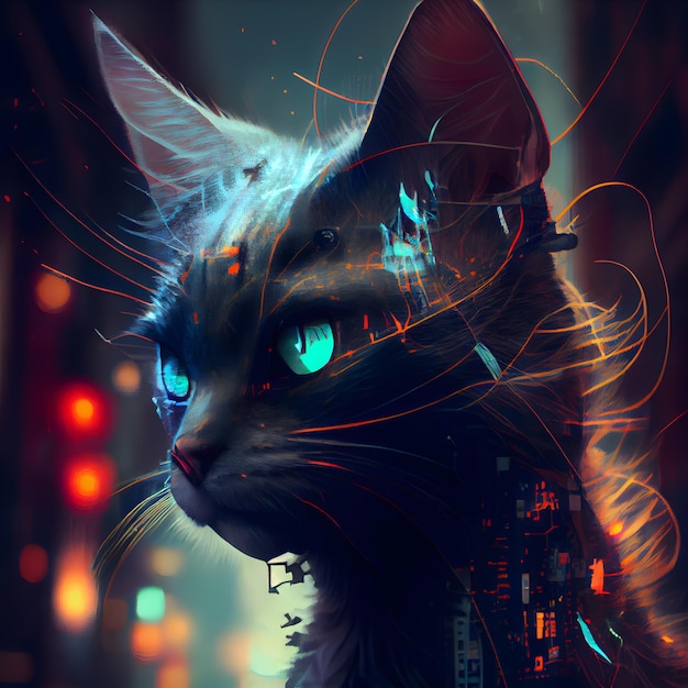 Fantasy portrait of a cat on a dark background 3D rendering