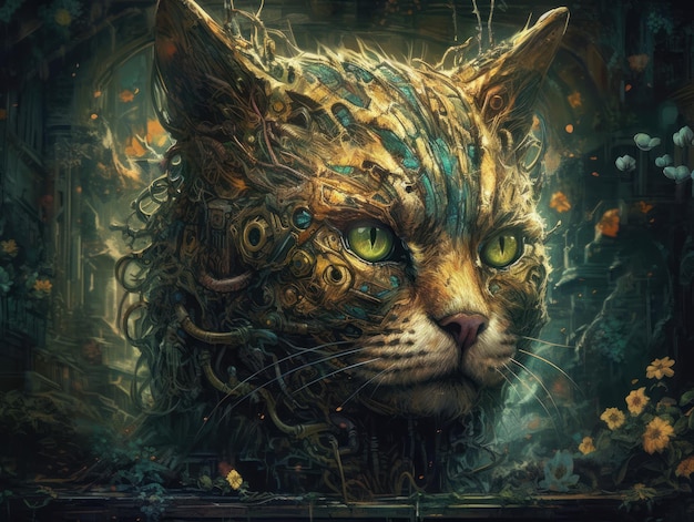 Fantasy portrait of a cat in the style of steampunk Created with Generative AI technology