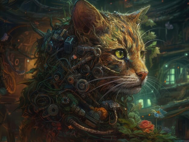 Fantasy portrait of a cat in the style of steampunk Created with Generative AI technology