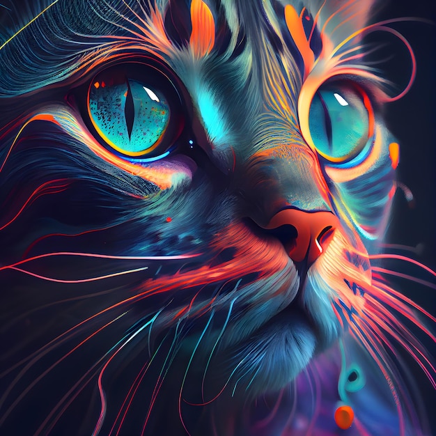 Fantasy portrait of cat with colorful eyes closeup