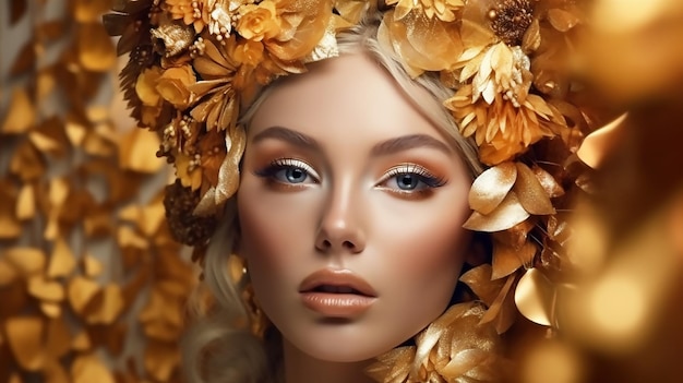 Fantasy portrait closeup woman with golden skin lips wreath gold roses Elf fairy princess