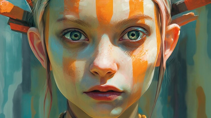 Photo fantasy portrait of a girl with painted face and green eyes
