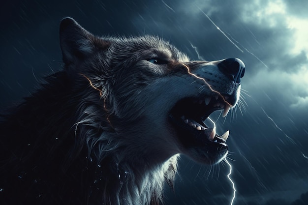 Фото Фантастический портрет волка, выющего в темном штормовом небе.