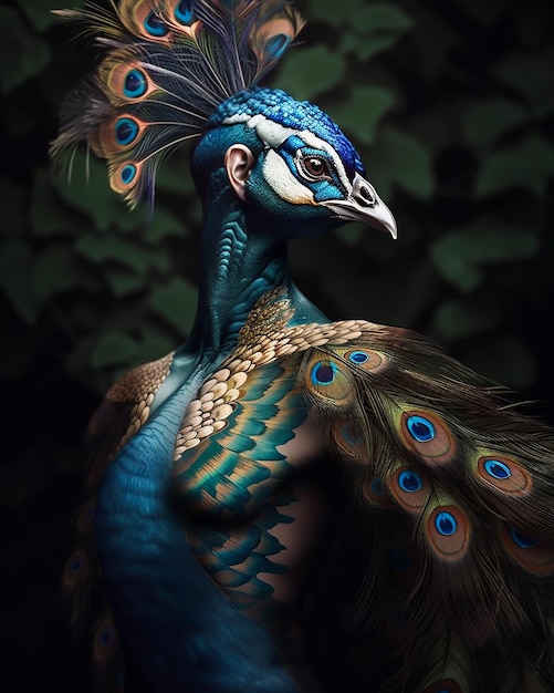 Fantasy portrait of a peacock Female Creature Queen in colorful feathers