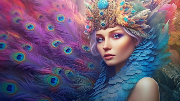 Fantasy portrait of a peacock female creature