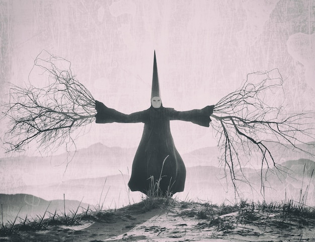 Fantasy portrait of a person wearing a long black cloak and a dunce hat with the branch hands