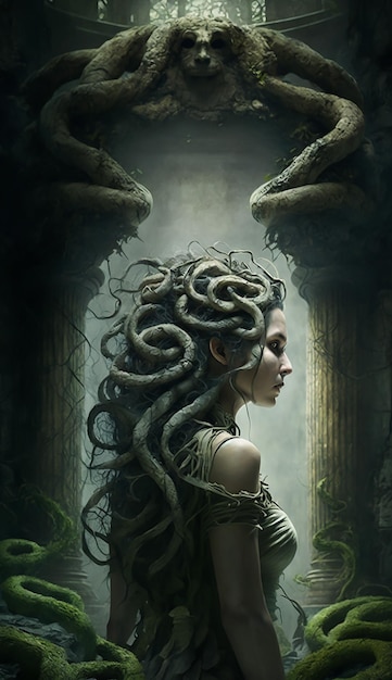 A fantasy portrait of the snake head goddess medusa Misty bokeh background Greek mythology