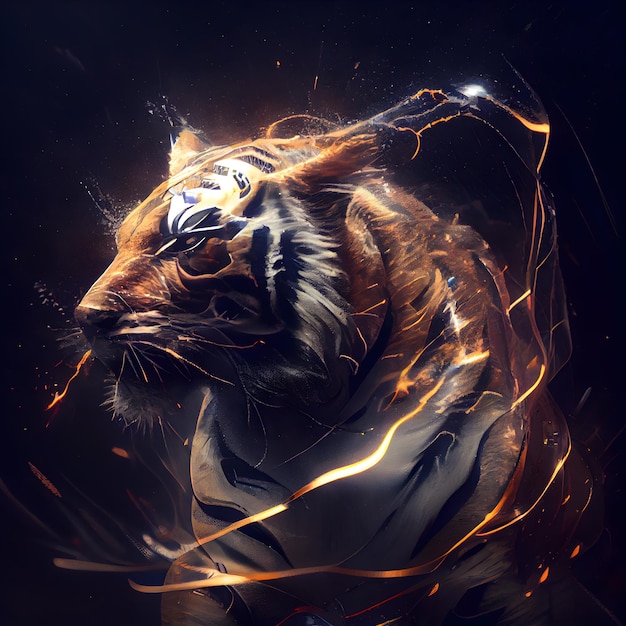 Fantasy portrait of a tiger in fire and smoke Fantasy illustration