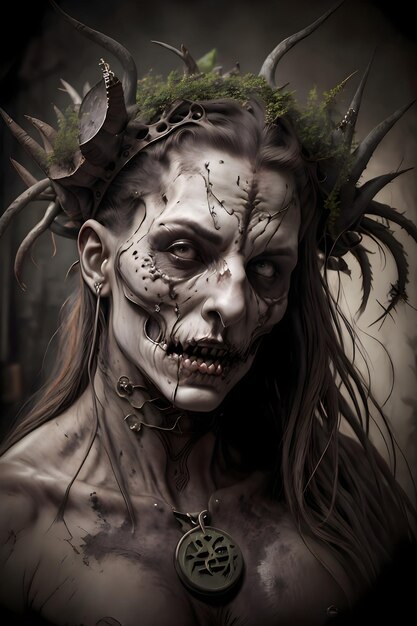 Фэнтезийный портрет зомби-нежити на тему Хэллоуина