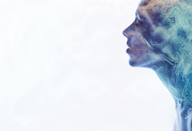 fantasy portrait universe energy purple blue smoke in relaxed woman silhouette double exposition isolated on white
