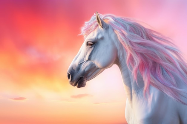 Fantasy portrait of a white horse in a colorful sunset light shades of white and pink generative ai