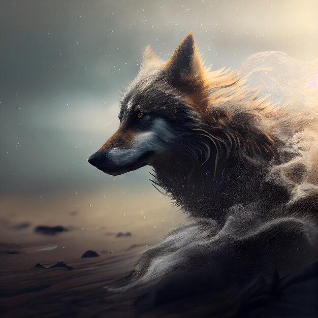 Fantasy portrait of a wolf in the desert Digital painting