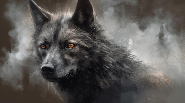 Fantasy portrait of a wolf in smoke on a dark backgroundgenerative ai