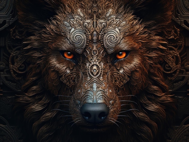 Fantasy portrait of a wolf with an abstract pattern on the face Created with Generative AI technology