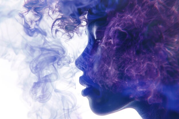 Photo fantasy portrait of woman with universe energy in purple smoke