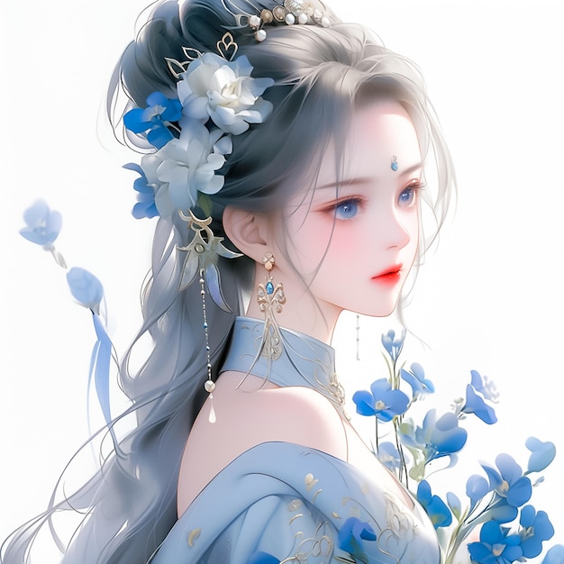 Foto ritratto fantasy di una giovane donna con sfondo floreale ai generato