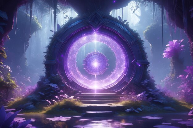 A fantasy purple glowing portal in the forest