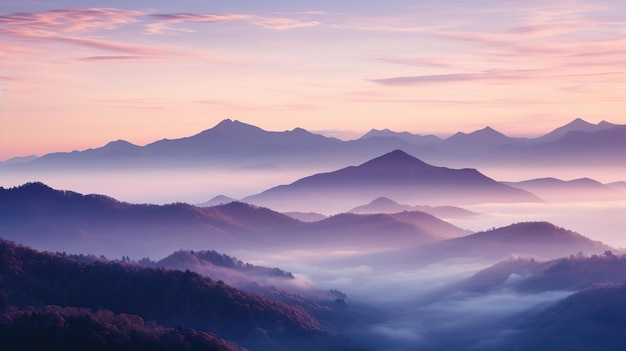 Фантастический фиолетовый горный пейзаж с туманом и облаками