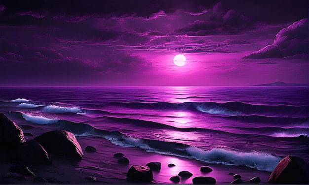 Фантастический фиолетовый закат над пляжем