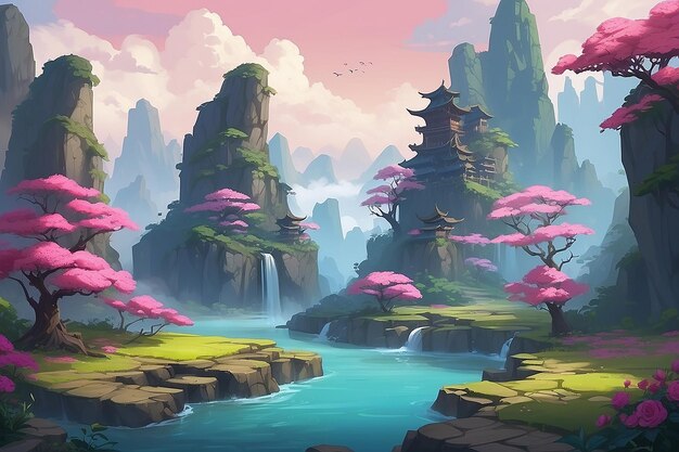 Fantasy Puzzle Game with China Rose Landscapes Concept Art