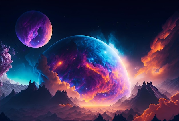 Fantasy realistic galaxy background with planets clouds and stars