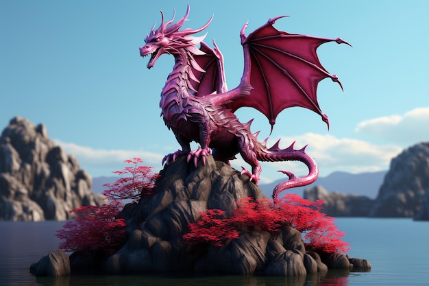 Fantasy red dragon on floating islands