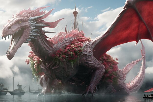 Fantasy red dragon on floating islands