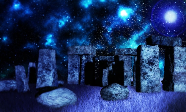 Stonehenge 3d 렌더에서 서 있는 돌을 통해 빛나는 태양광으로 목욕하는 켈트 드루이드의 판타지 렌더링