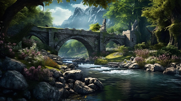 Fantasy river with old stone bridge