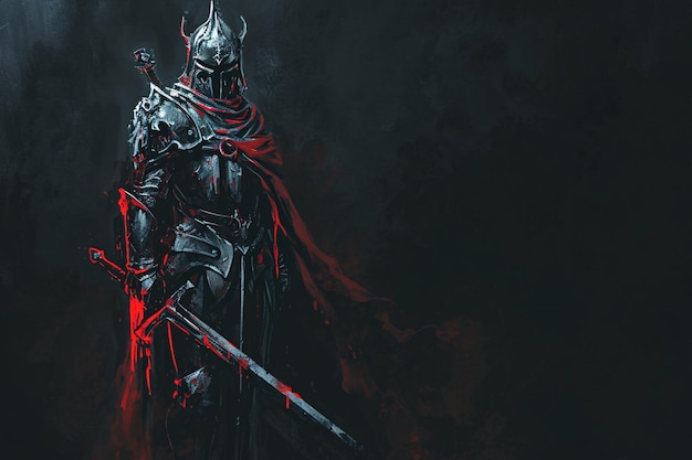 Fantasy Roleplay dark Knight with big sword with red background